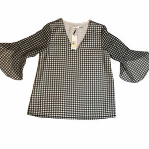 Calvin Klein Blouse Black Gingham Print V-Neck